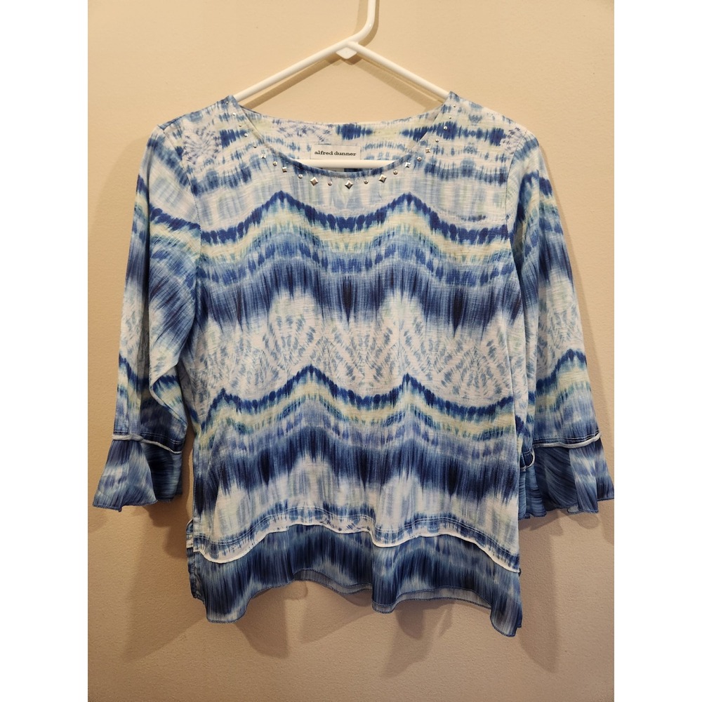 Alfred Dunner Petite PM Blue Tie Dye Ikat Studded Ruffle Sleeve Blouse Top